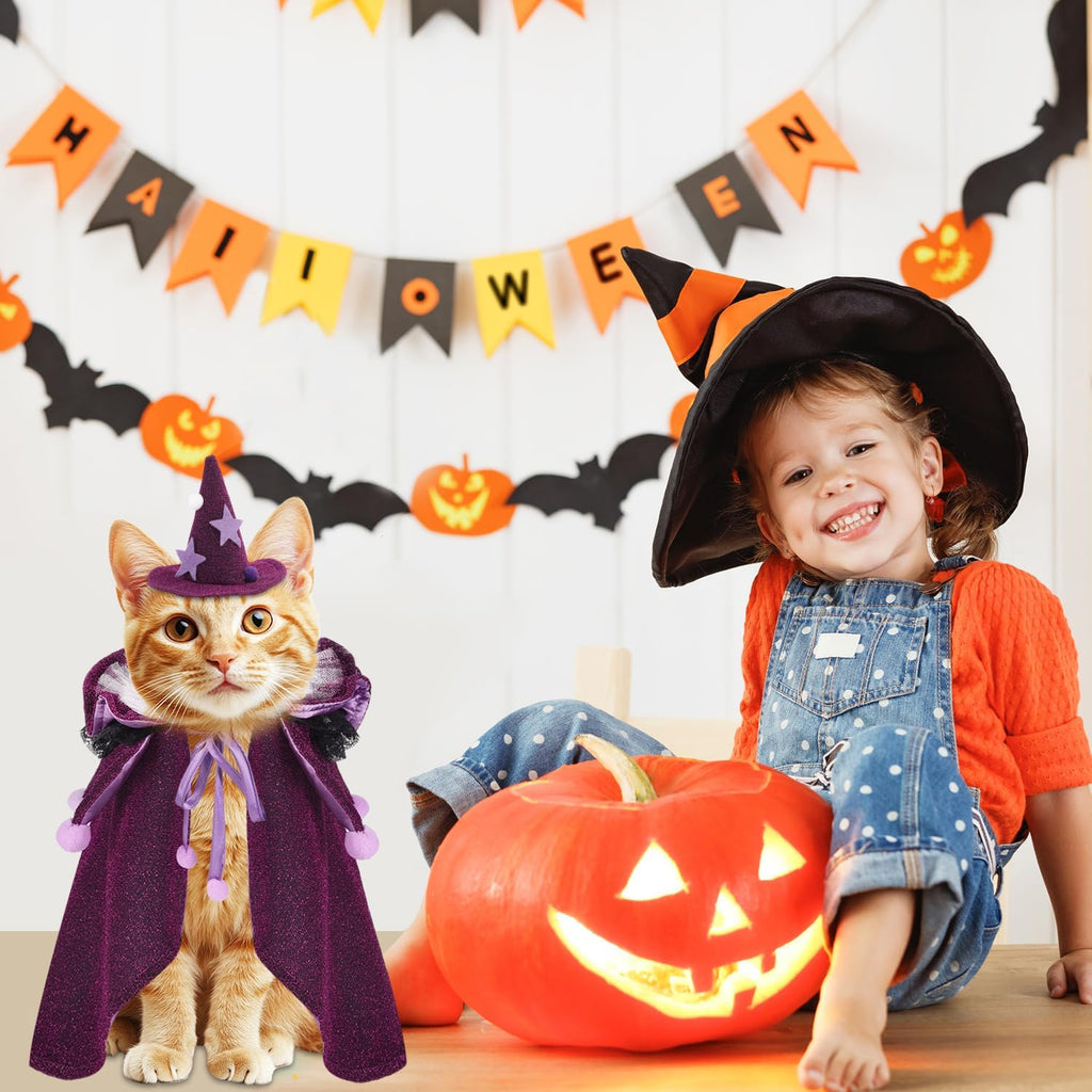 Halloween Cat Costumes, Small Purple Cat Wizard Cape Adjustable Pet | Halloween Wizard Cloak for Little Dogs Cats