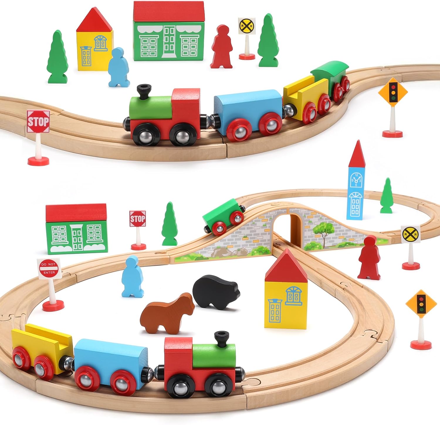 Wooden Train Set for Toddler with Double-Side Train Tracks Fits Brio, Thomas, Melissa and Doug, Kids Wood Toy Train