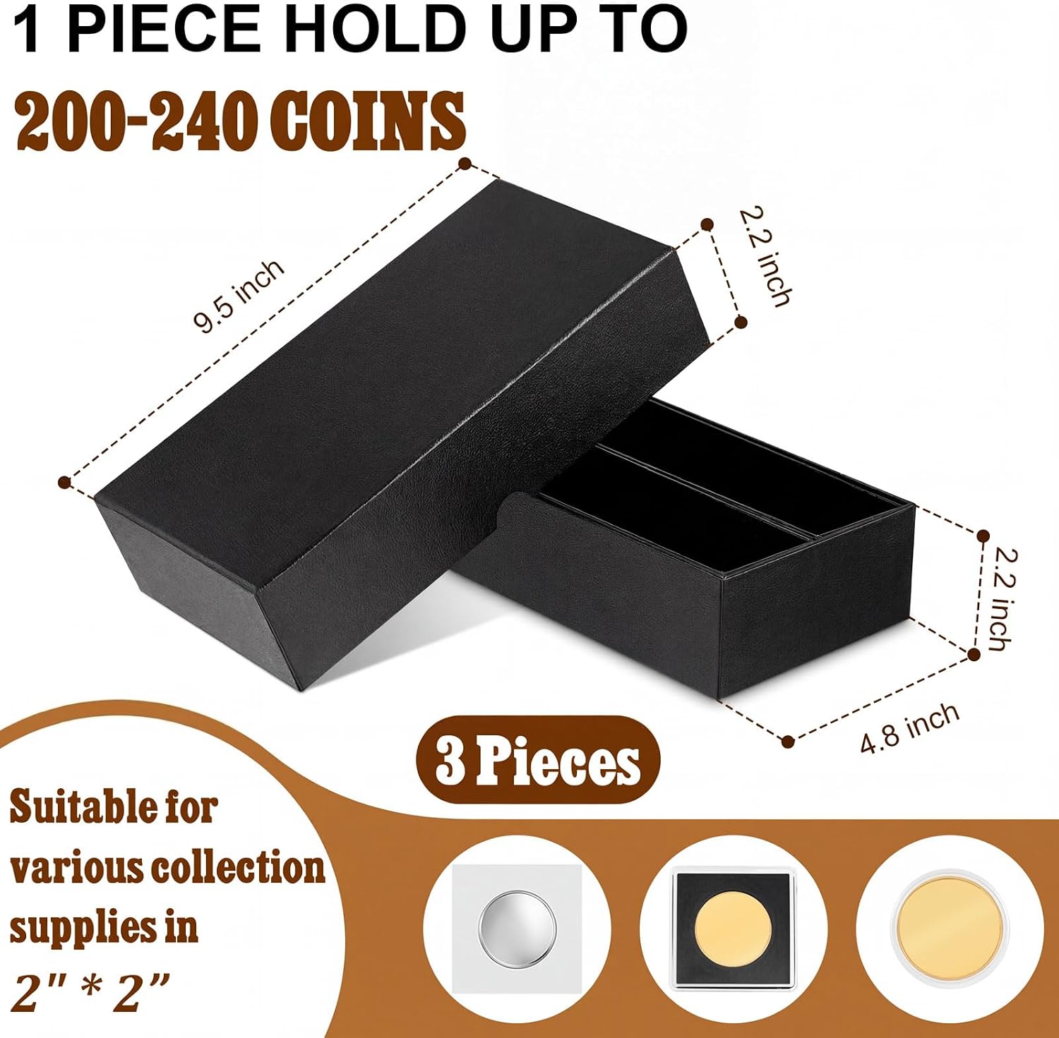 3 Pcs Double Row Coin Storage Boxes,Black