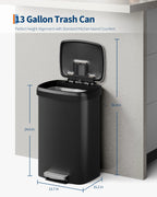 13 Gallon / 50L Step-On Kitchen Trash Can - Plastic Garbage Bin, Soft-Close Lid, Liner Lock Rim, Rear Handle - Color: