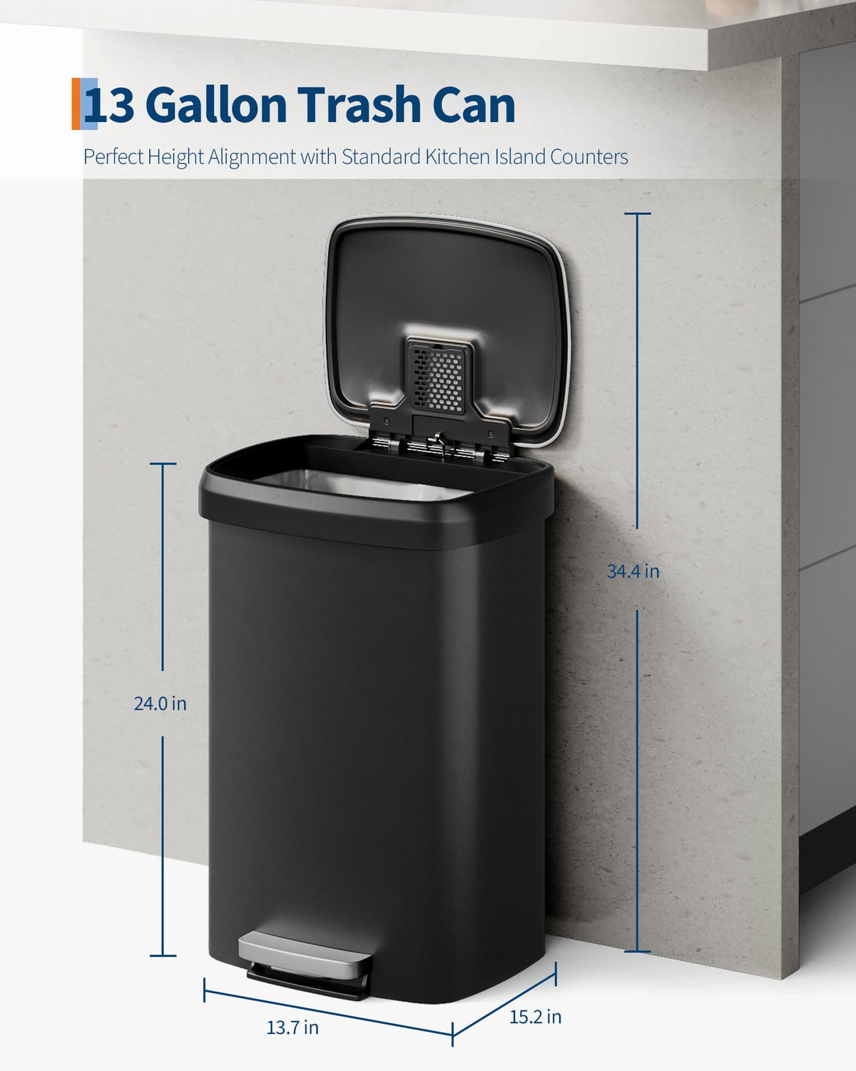 13 Gallon / 50L Step-On Kitchen Trash Can - Plastic Garbage Bin, Soft-Close Lid, Liner Lock Rim, Rear Handle - Color: