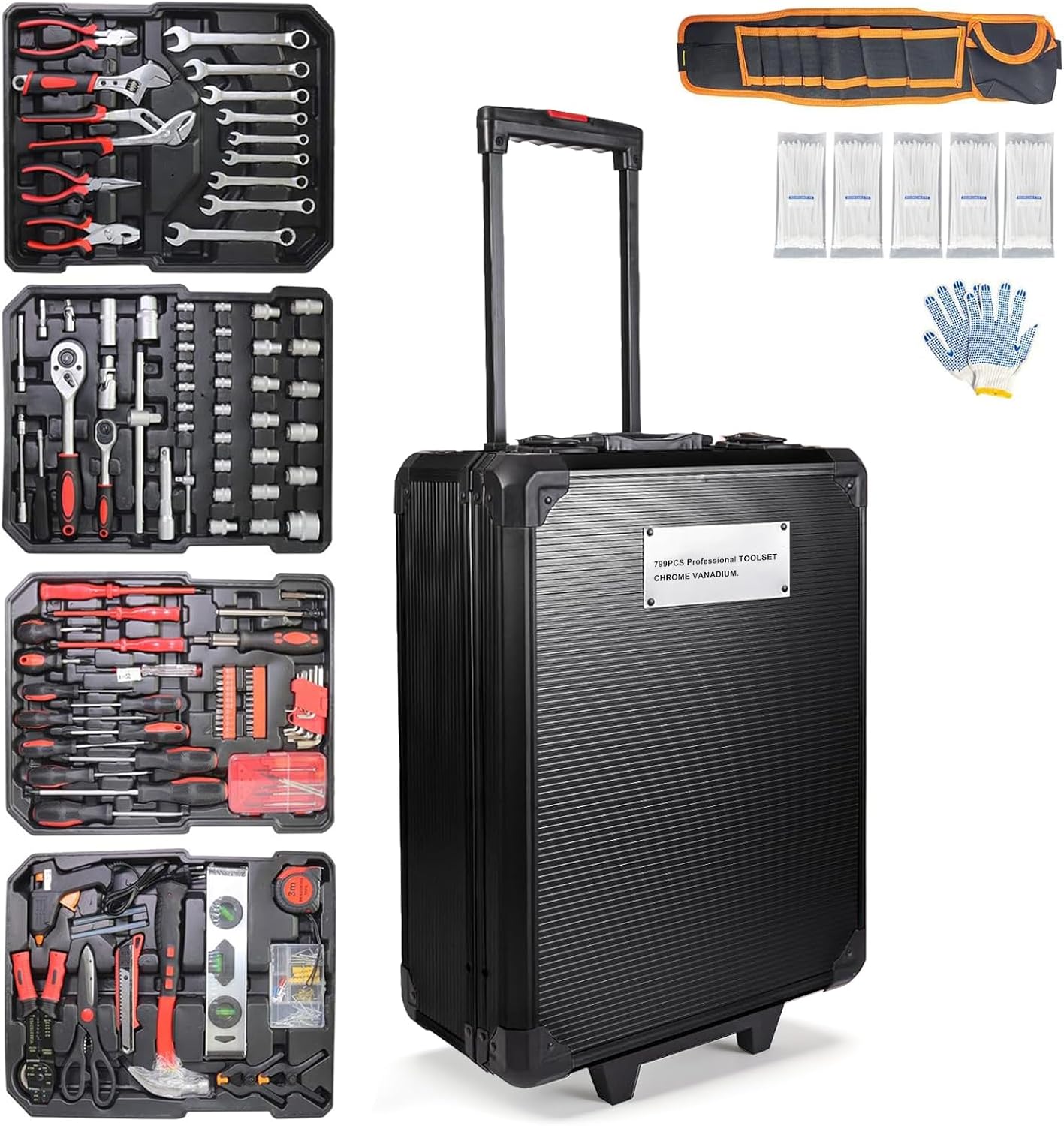 799pcs Aluminum Trolley Case Tool Set Silver, House Repair Kit Set, Household Hand Tool Set, with Tool Belt,Gift on