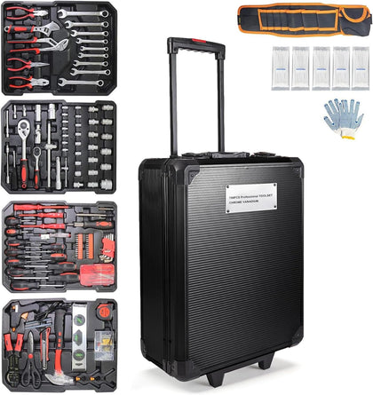 799pcs Aluminum Trolley Case Tool Set Silver, House Repair Kit Set, Household Hand Tool Set, with Tool Belt,Gift on