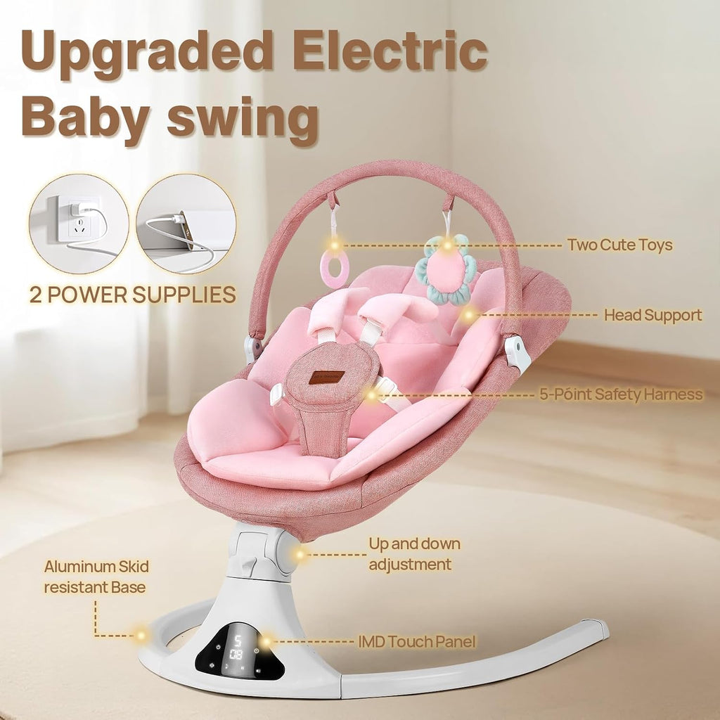 Portable Baby Swing with Remote Control Bluetooth Music 5-Speed Timer Pink | 5‑point safety harness, machine washable