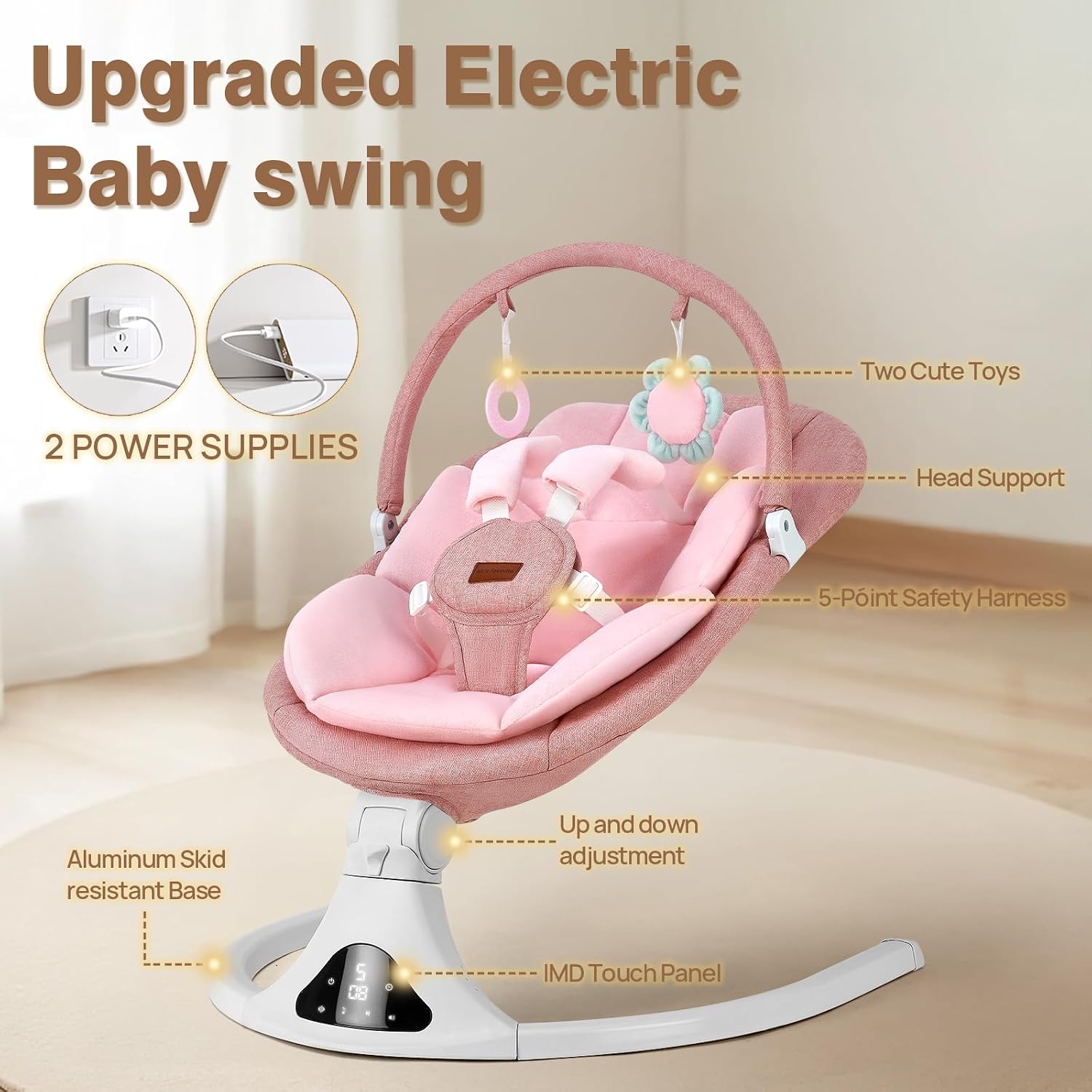 Portable Baby Swing with Remote Control Bluetooth Music 5-Speed Timer Pink | 5‑point safety harness, machine washable