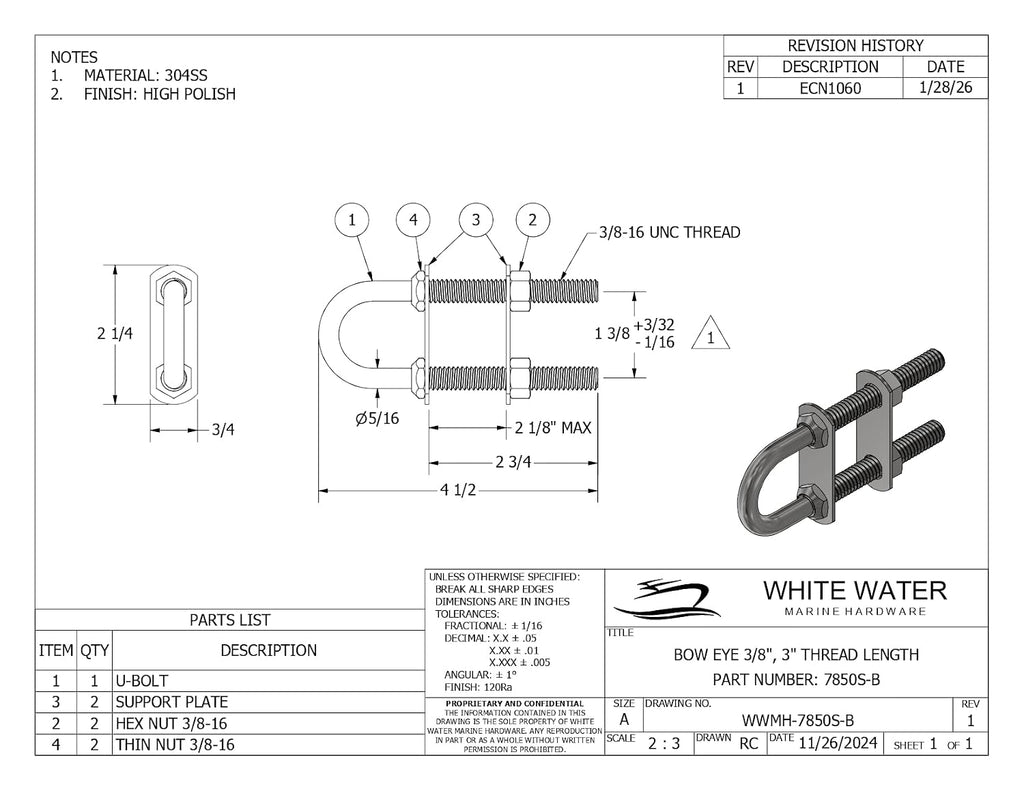 White Water Stainless Bow Eye (3/8" Diameter, 3" Thread)