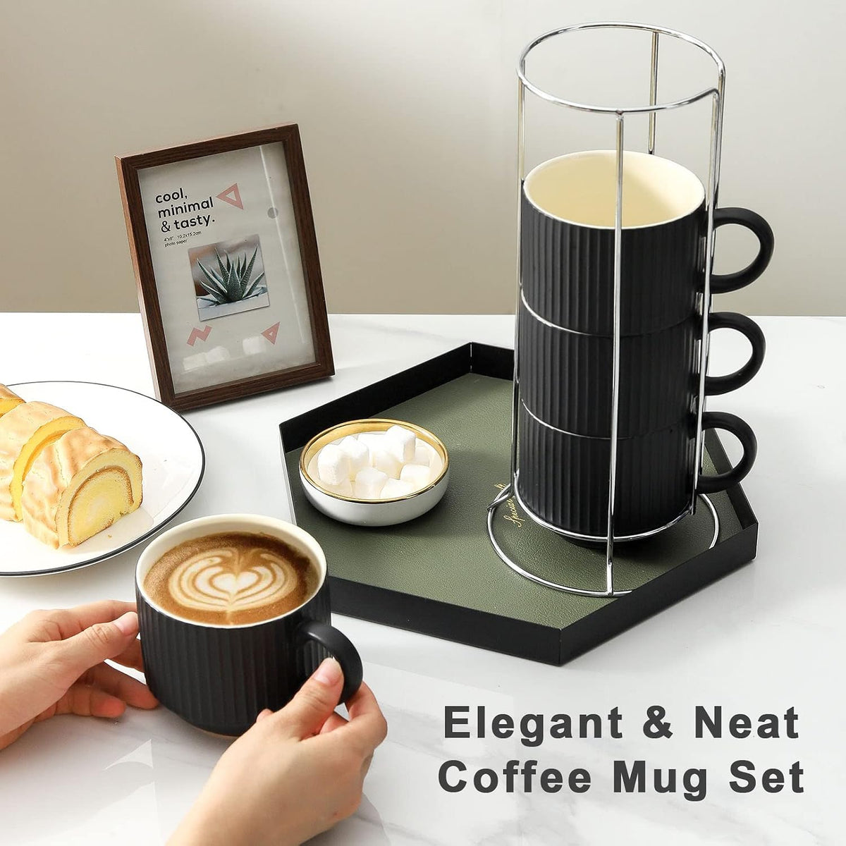 Coffee Mug Ceramic Set of 4 with Stand, Stackable Large Latte Cups with Metal Stand, Dishwasher & Microwave Safe