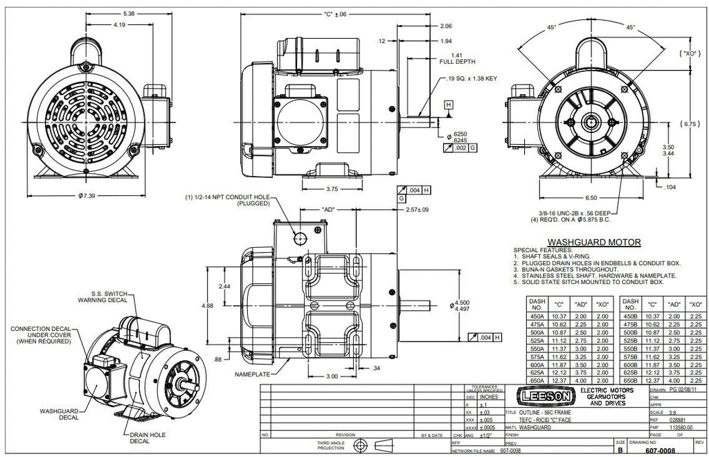 Leeson Electric, 113582.00, .75HP, 3450RPM, 1PH, 115V;208V;230V, 56C Frame, C-Face Flange, Foot Mount, TEFC, Washdown Duty Motor