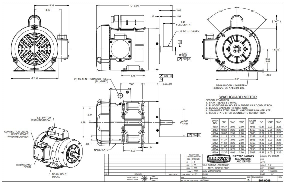 Leeson Electric, 113582.00, .75HP, 3450RPM, 1PH, 115V;208V;230V, 56C Frame, C-Face Flange, Foot Mount, TEFC, Washdown Duty Motor