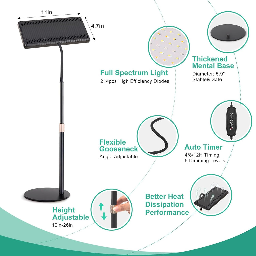 Desk Grow Light, 214 LEDs Full Spectrum Plant Light for Indoor Plants | Desktop Grow Lamp with 4/8/12H Timer, 10"-26"
