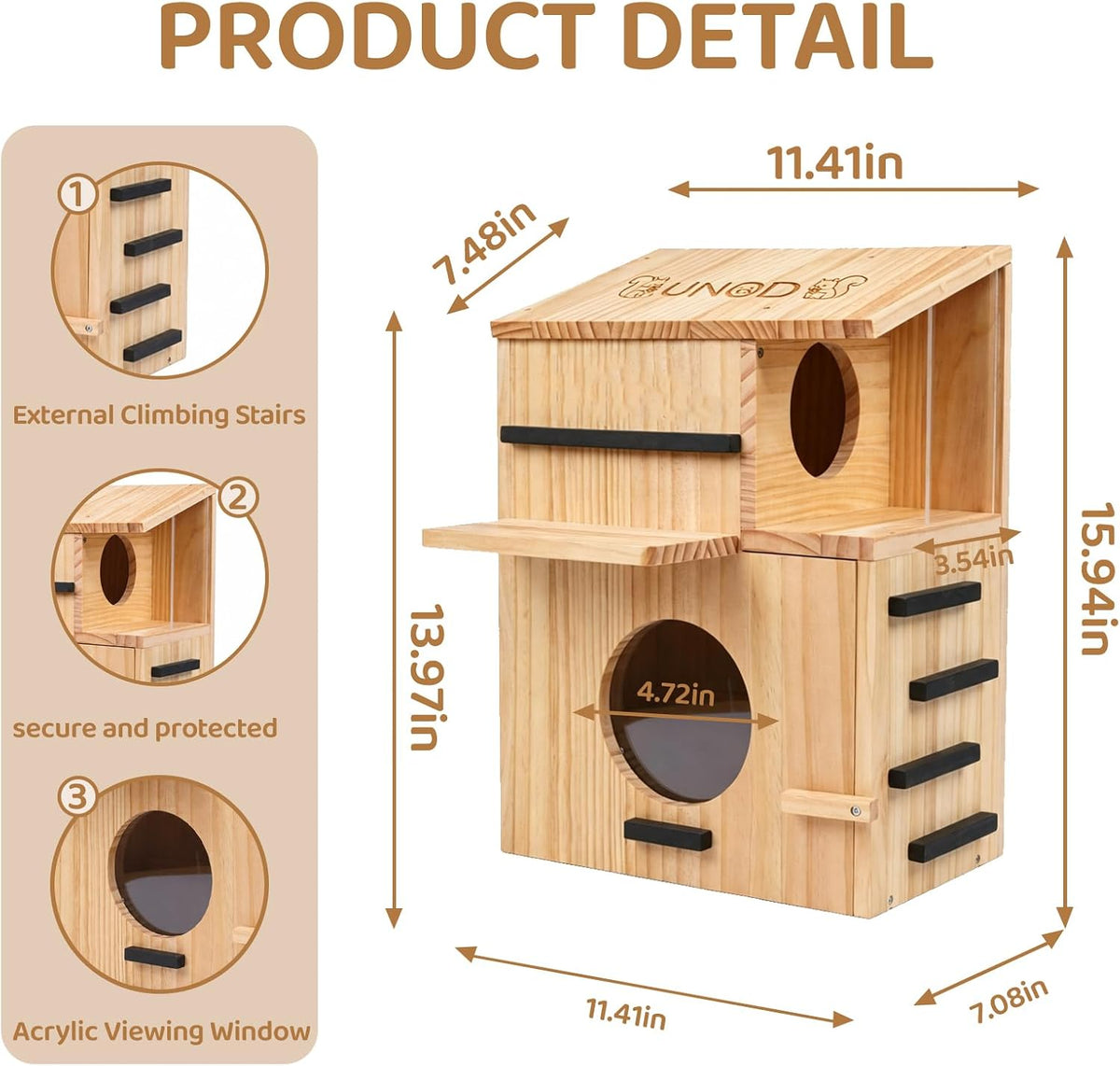Large Wooden Squirrel House for Outside with Window Dual Balconies