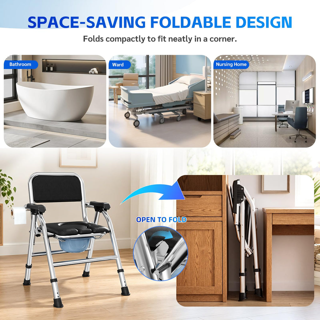 4 in 1 Folding Bedside Commode Chair for Elderly, Padded Seat & Backrest
