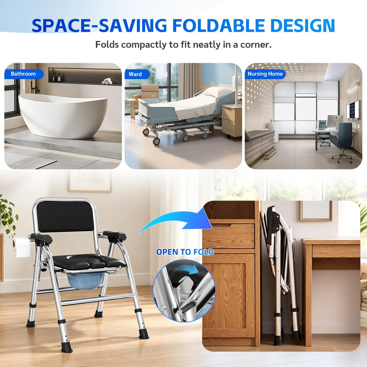 4 in 1 Folding Bedside Commode Chair for Elderly, Padded Seat & Backrest