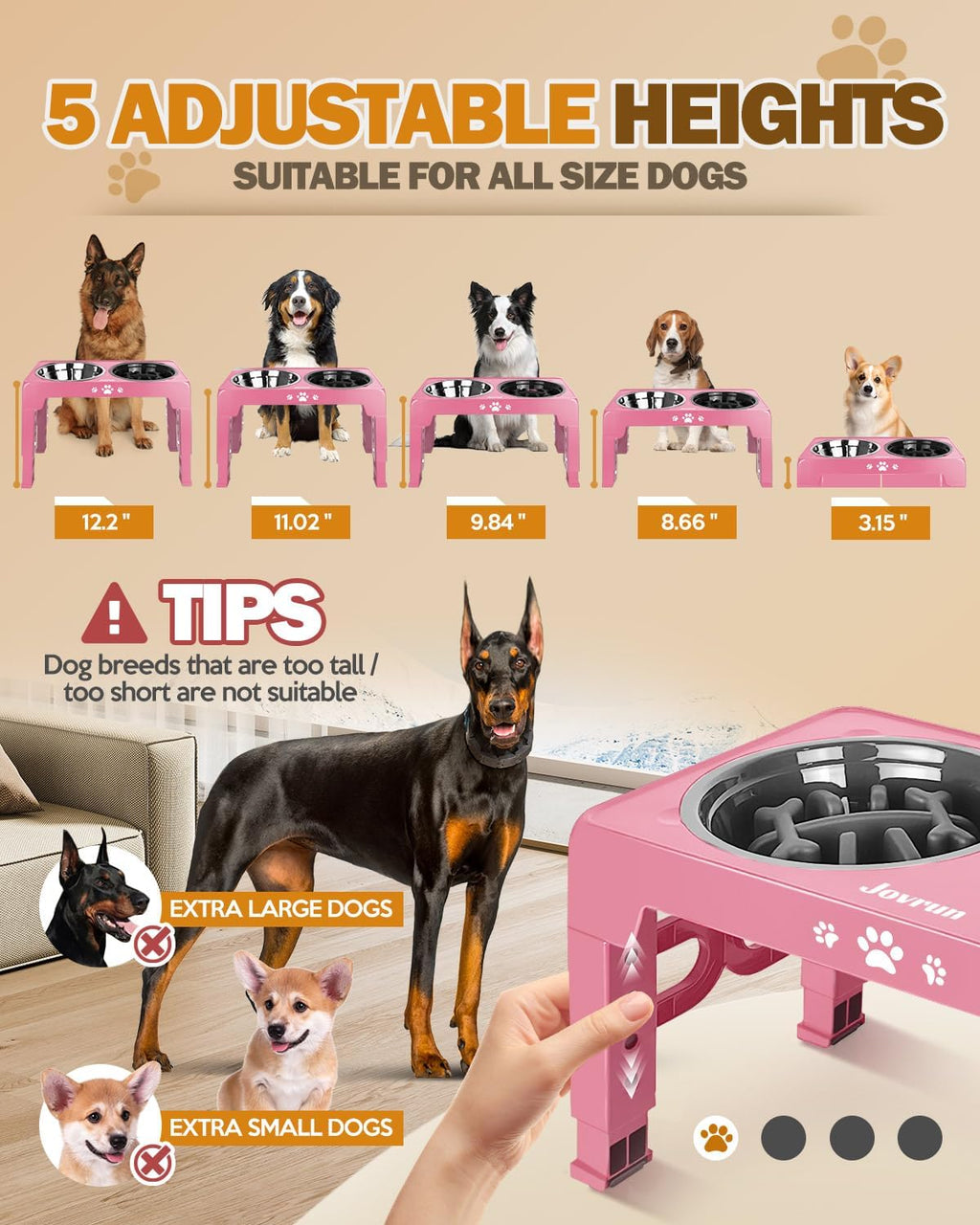 Elevated Dog Bowls for Medium Large Size Dogs, Non-Slip Dog Feeder with 1*Stainless Steel Dishes & 1*Slow Feeder