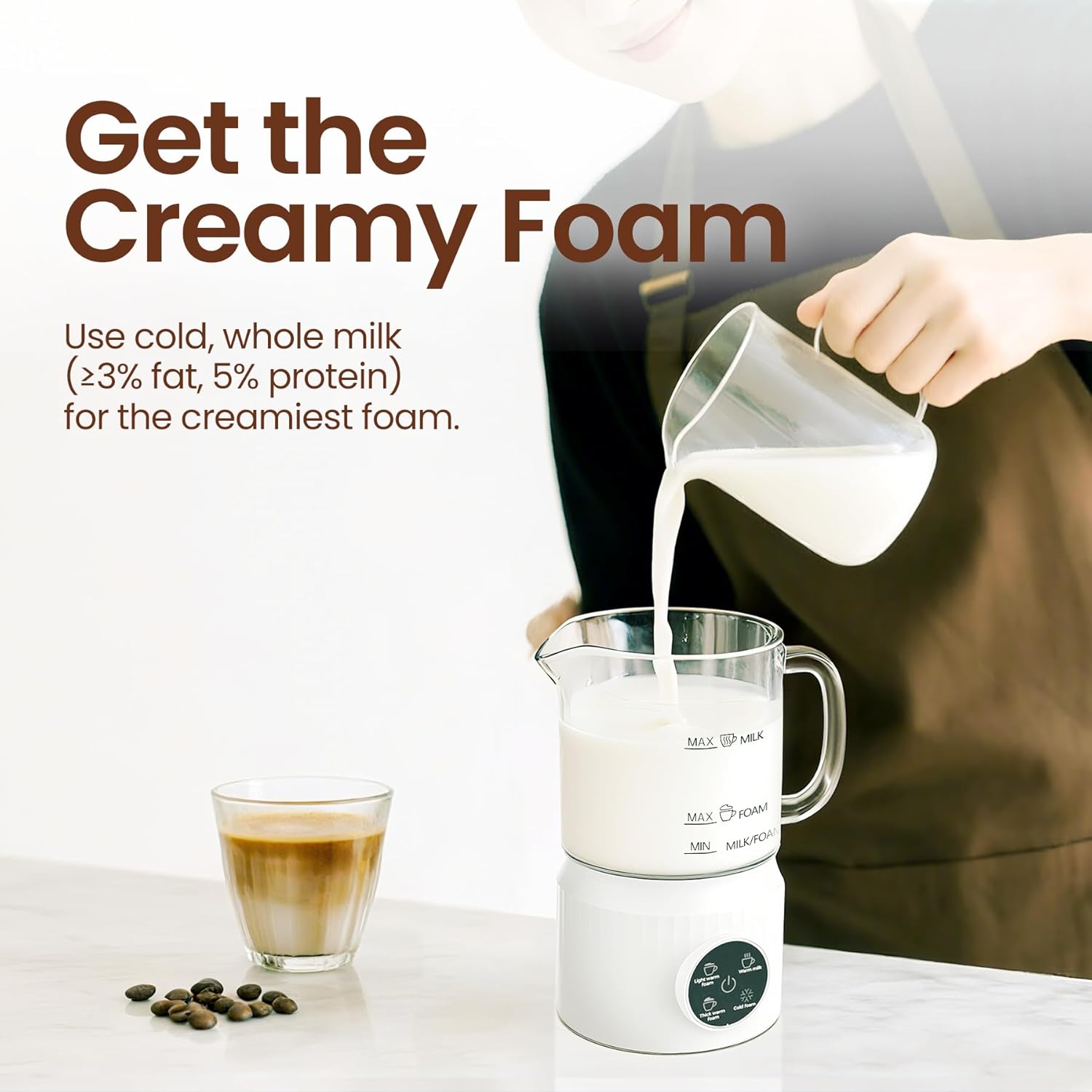 4-in-1 Electric Milk Frother and Steamer for Whole Milk, LED Touch Screen | Cold and Warm Foam Maker, Ceramic-Coated