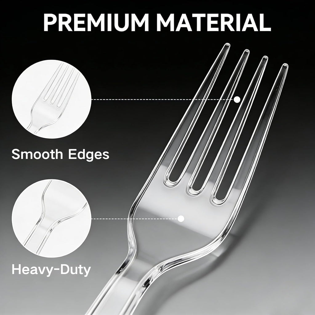100 Count Heavy Duty Plastic Forks Disposable Clear Forks | Heat Resistant Plastic Fork Set, BPA-Free Disposable Fork