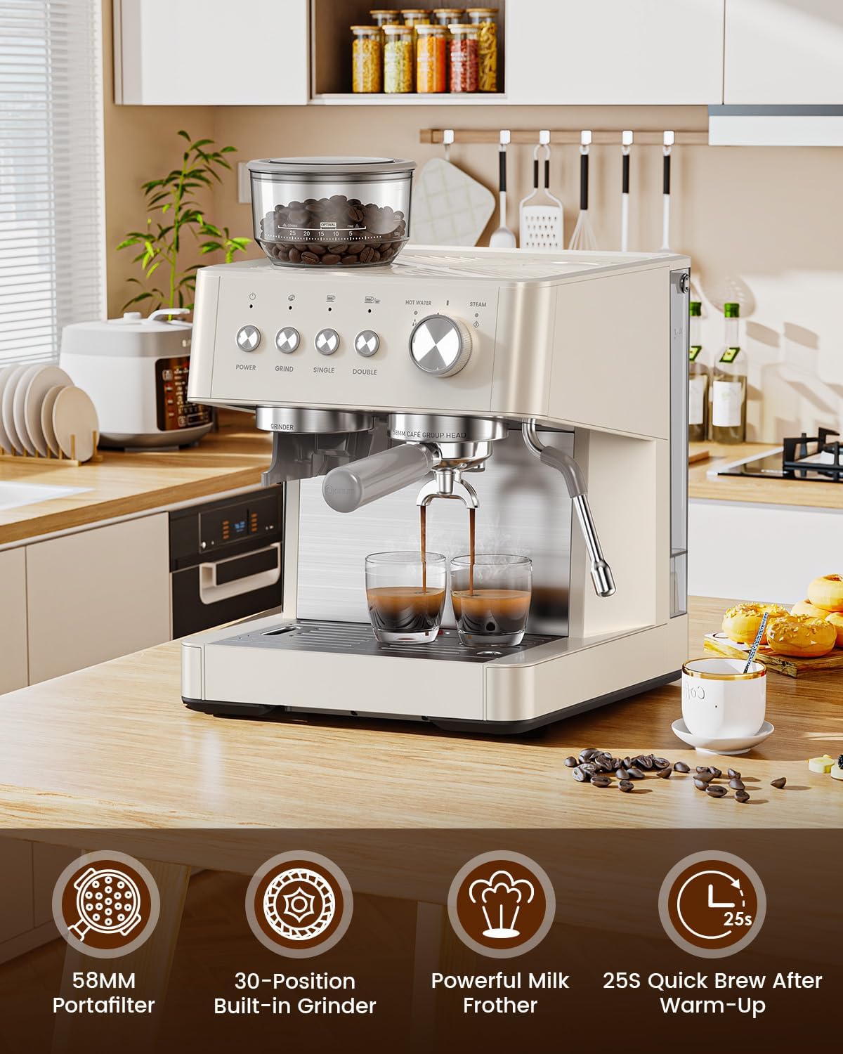 (2026 Upgrade) 20 Bar Espresso Machine with Built-in Anti-Clog Coffee Grinder, Expresso Coffee Machines with Milk
