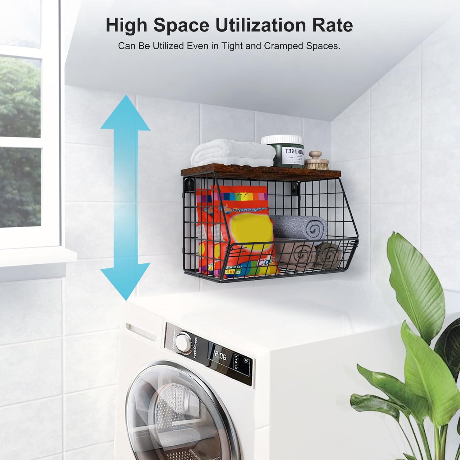 Laundry Room Shelves, Wall Mounted Storage Basket, 11.8"Wx7.9"Dx8.5"H | Stackable Wire Wall Shelves Organizer for