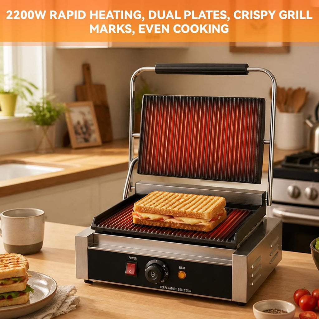 Commercial Panini Press Grill, Sandwich Maker, Adjustable Temperature