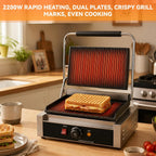 Commercial Panini Press Grill, Sandwich Maker, Adjustable Temperature