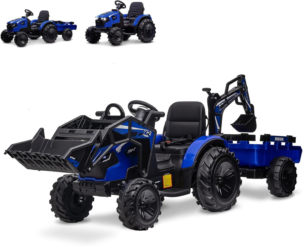3 in 1 Kids 24V Ride On Tractor, Excavator & Bulldozer, Electric Vehicle w/Trailer, Digger, Shovel Bucket, Remote