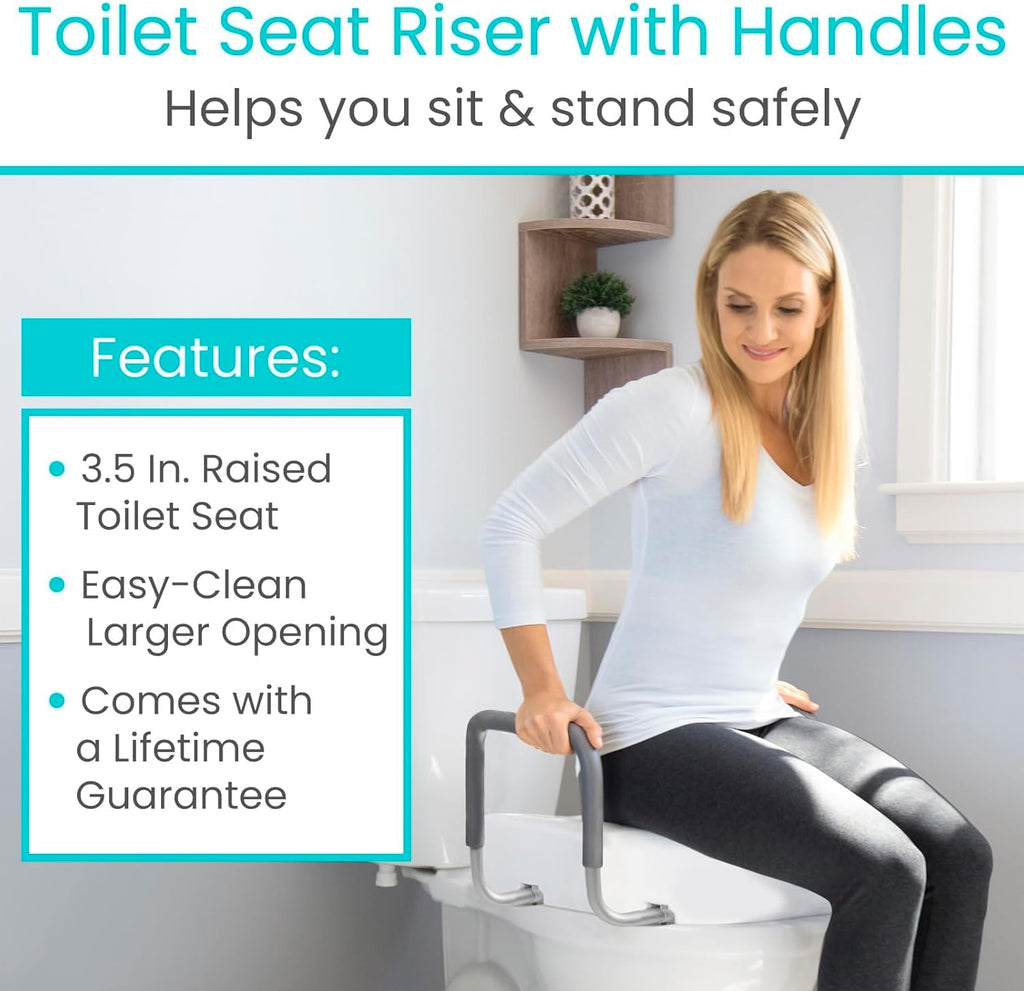 Raised Toilet Seat Riser for Seniors (with Handles) - Handicap Rail Grab Bar Seat for Over Toilet - Elevated Safety