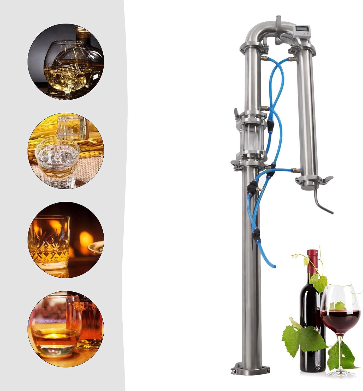 Tubular Distillation Tower, 51mm Moonshine Still w/Sight Glass Copper Mesh, Stainless Steel Distilling Equipment, DIY