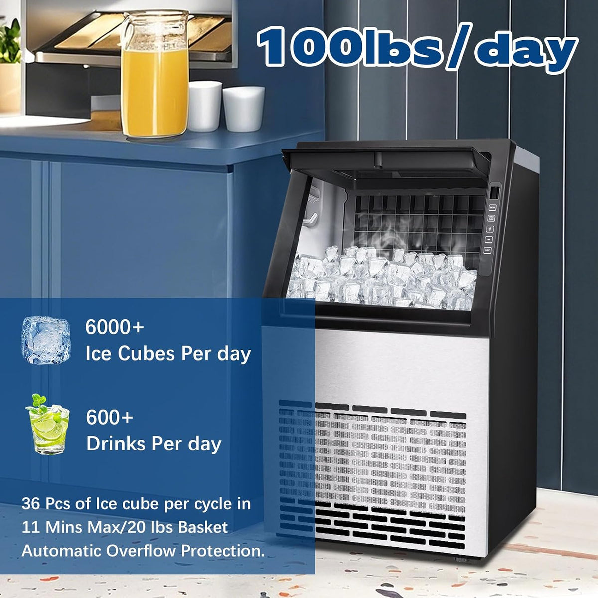 Commercial Stainless Steel Ice Maker, 100Lbs/24H Large Ice Machine