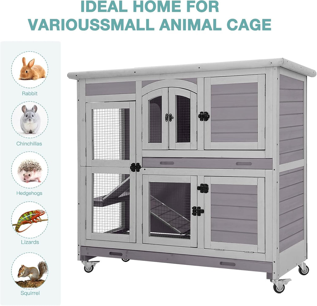 2-Tier Indoor Rabbit Hutch Bunny House Guinea Pig Cage with Sliding Plastic Trays, Wheels & Ramp, 47.2" Multi-Door