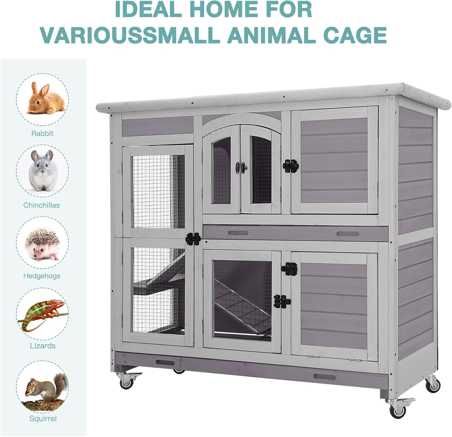 2-Tier Indoor Rabbit Hutch Bunny House Guinea Pig Cage with Sliding Plastic Trays, Wheels & Ramp, 47.2" Multi-Door