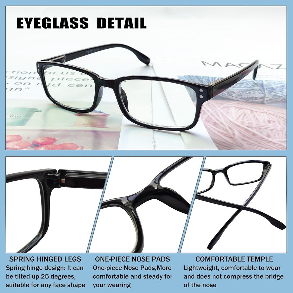 4 Pack Reading Glasses for Men and Women with Spring Hinges, Lightweight Black Rectangular Readers Eyeglasses