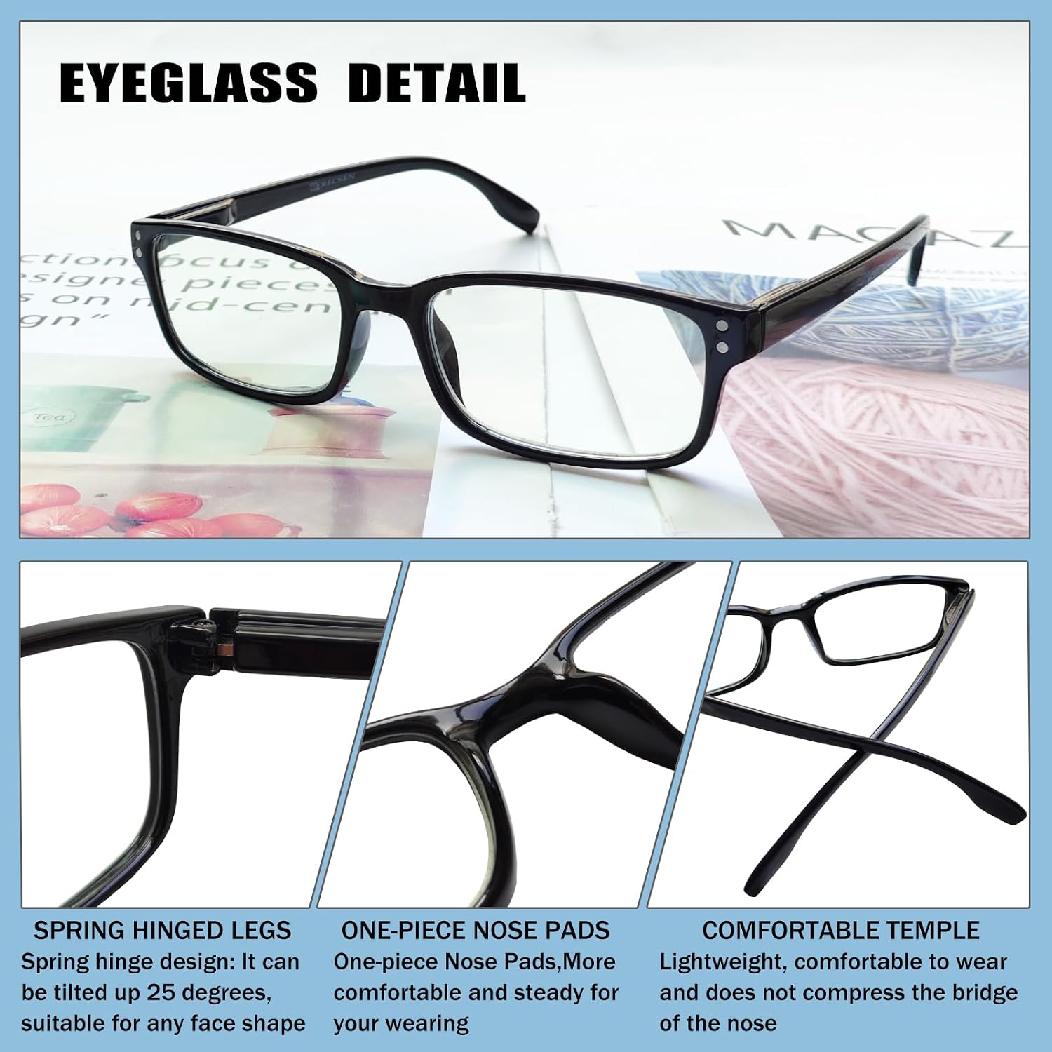 4 Pack Reading Glasses for Men and Women with Spring Hinges, Lightweight Black Rectangular Readers Eyeglasses