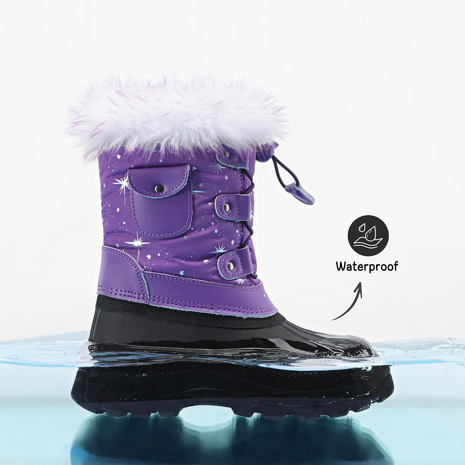 Girls Snow Waterproof Winter Boots | Warm Faux Fur Lined Outdoor Secure Grip Anti Slip Outsole Easy Wear Windproof