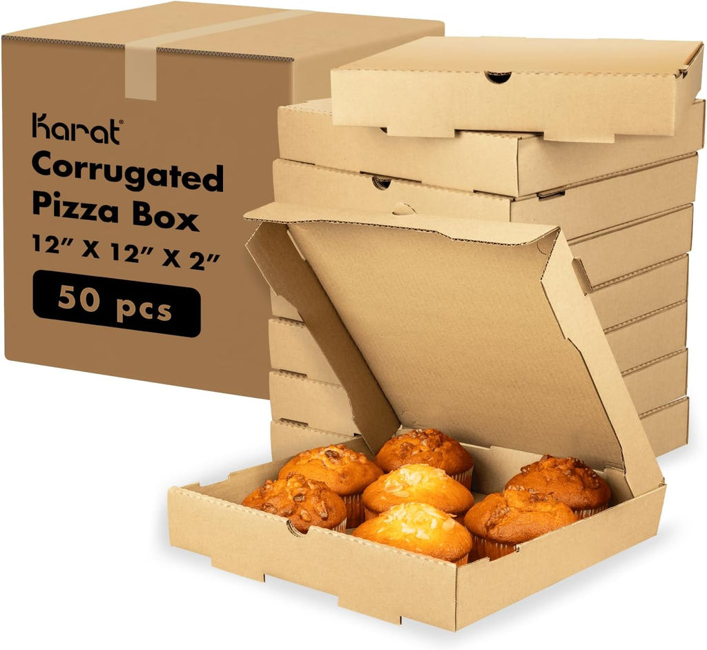 Pizza Boxes 12" x 12" x 2" [50 Pack] Kraft Corrugated Boxes | Ventilated, Grease-Resistant, Durable for Pizza