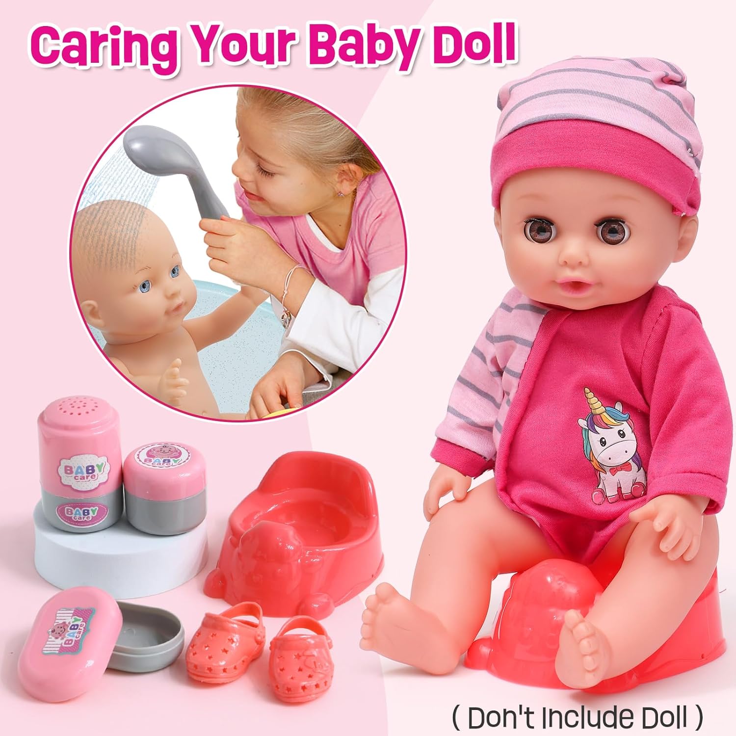 Baby Doll Accessories Playset, Baby Doll Care Toys with Changing Bag Backpack Feeding Set Doll Nappies Bottle Bath
