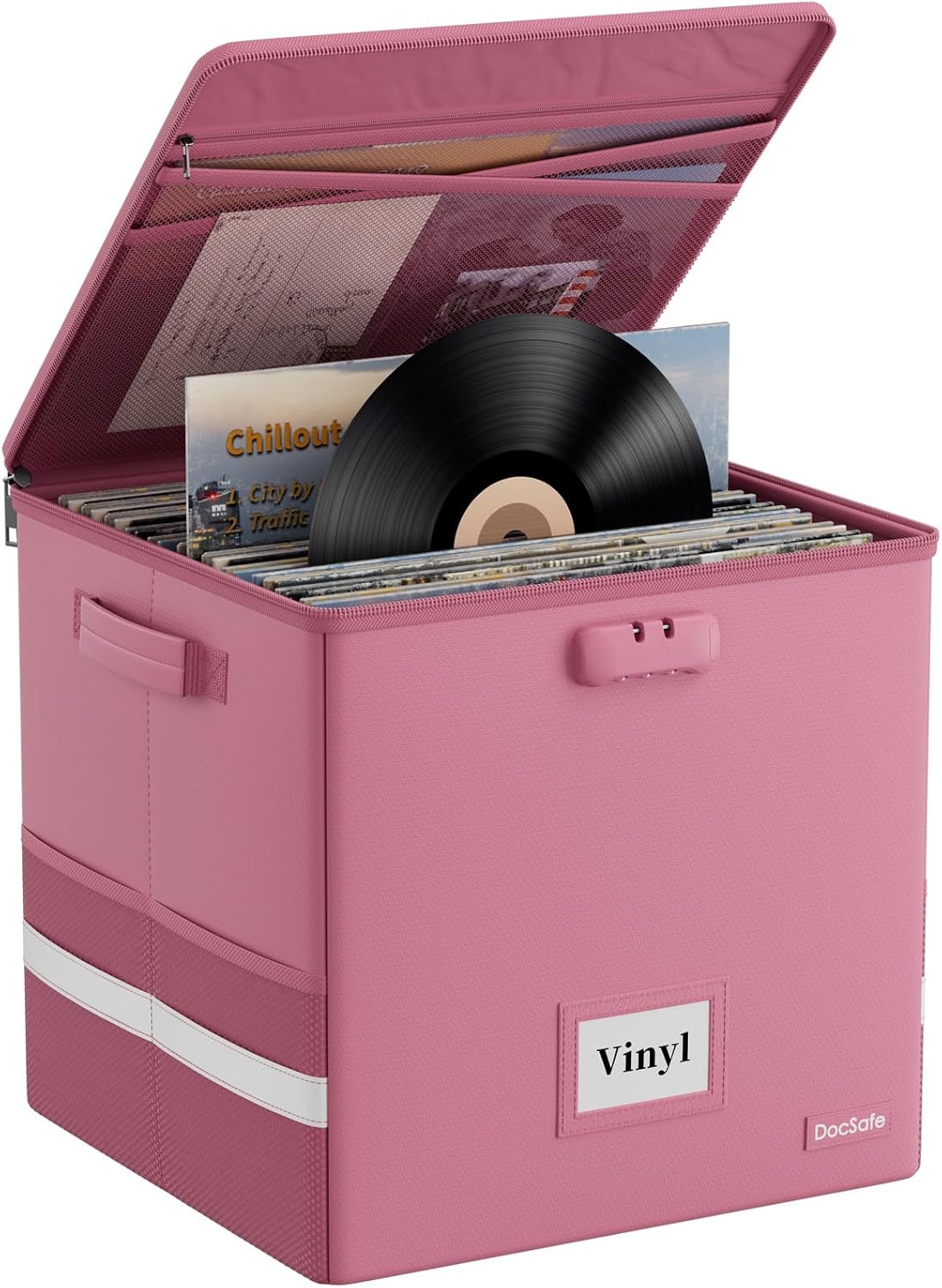 Vinyl Record Storage Box with Lock, Fireproof＆Water Resistant Record Organizer for 100+ Single Records(12-inch)