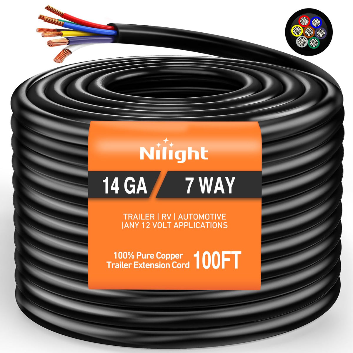 Nilight 100 Feet 7 Way Trailer Extension Cable 14 Gauge 7 Conductor