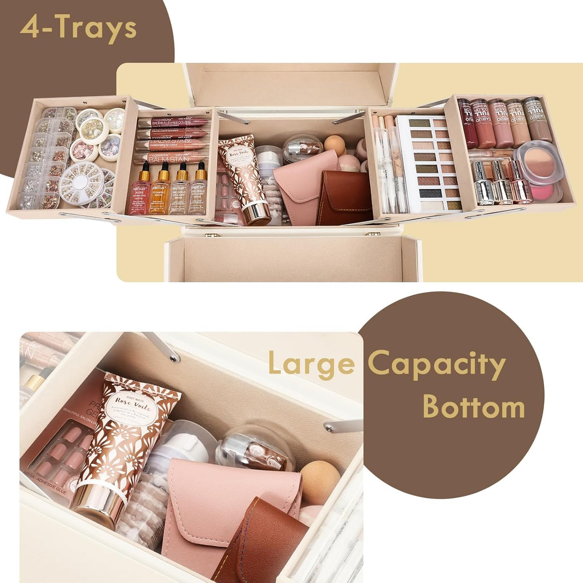 Makeup Train Case Large Portable Cosmetic Makeup Storage Box Organizer Lockable with 4 Tray Compartments Retro