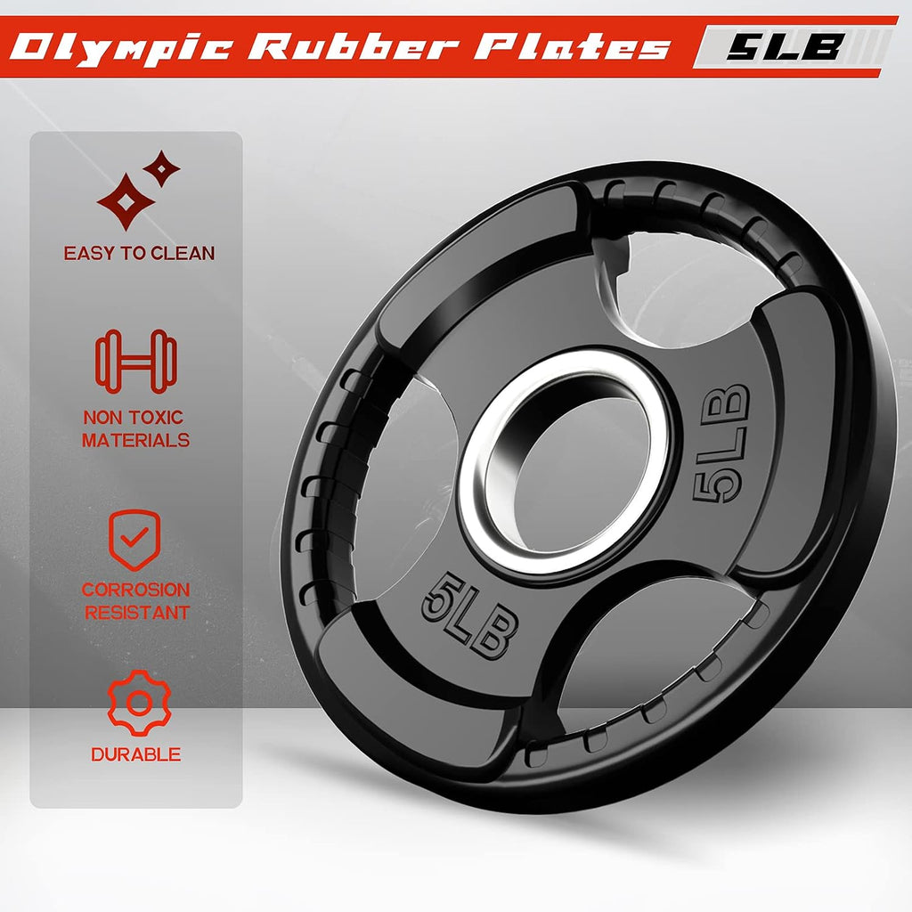 Olympic Rubber Grip Weight Plates, 2-Inch Barbell Set | Solid Iron Core, Rubber Coated, 2-Inch Olympic Bar