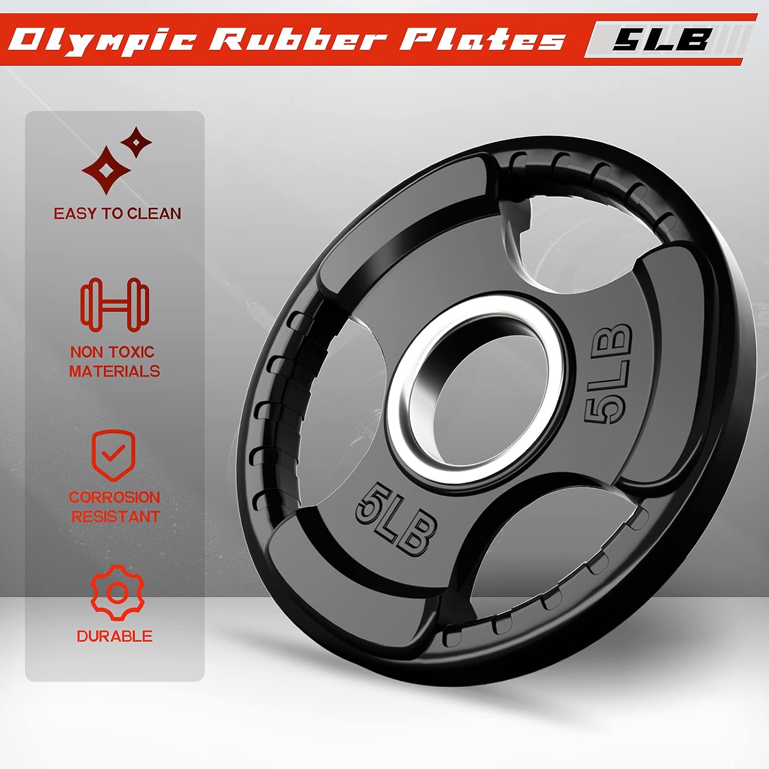 Olympic Rubber Grip Weight Plates, 2-Inch Barbell Set | Solid Iron Core, Rubber Coated, 2-Inch Olympic Bar