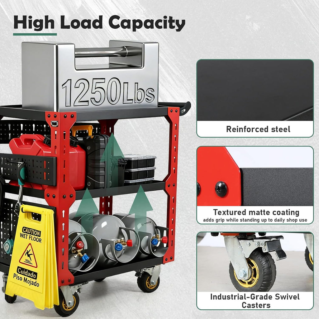 3-Tier Rolling Tool Cart on Wheels, Utility Tool Storage Cart | Heavy Duty 1250 lbs, With Pegboard