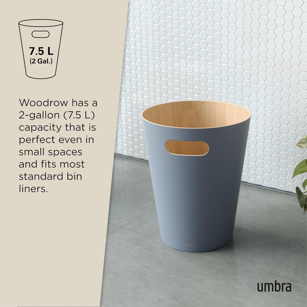 Woodrow Trash Can, Wooden Wastebasket, 2 Gallon, Slate Blue | Beech wood construction, integrated carry handles