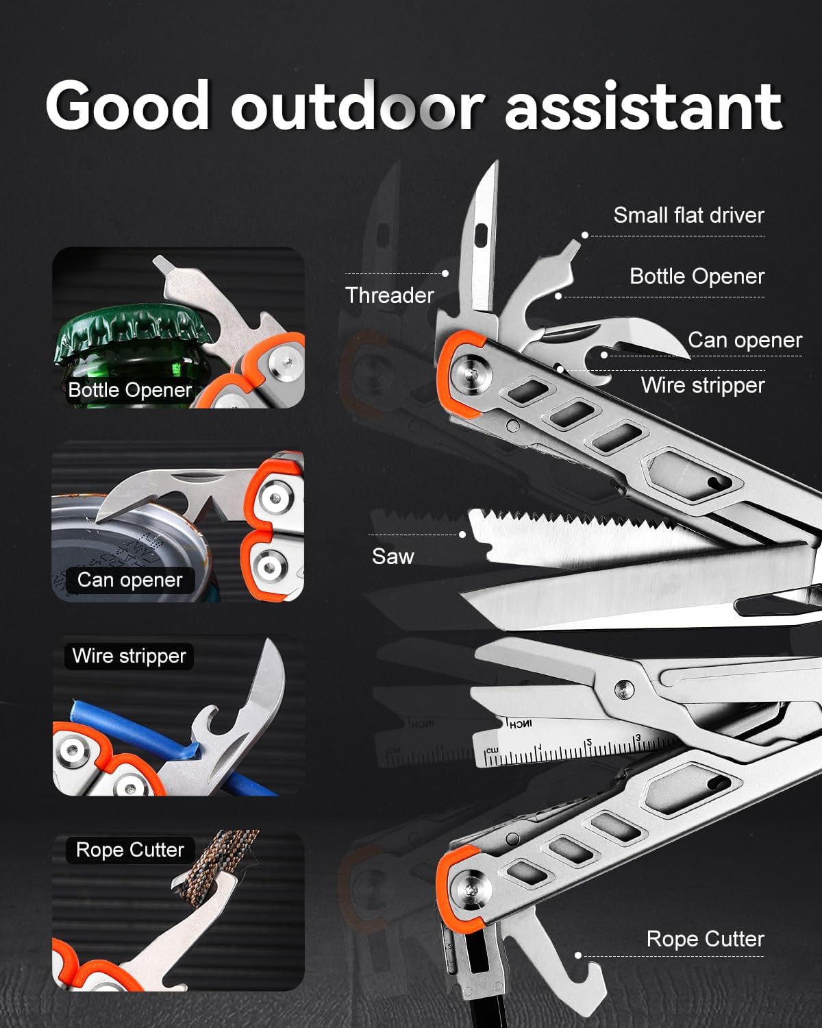Strong 15-in-1 Multitool Pliers with Sheath, Stainless Steel, Grey | Folding Multi Tool, Needle Nose Pliers & Wire