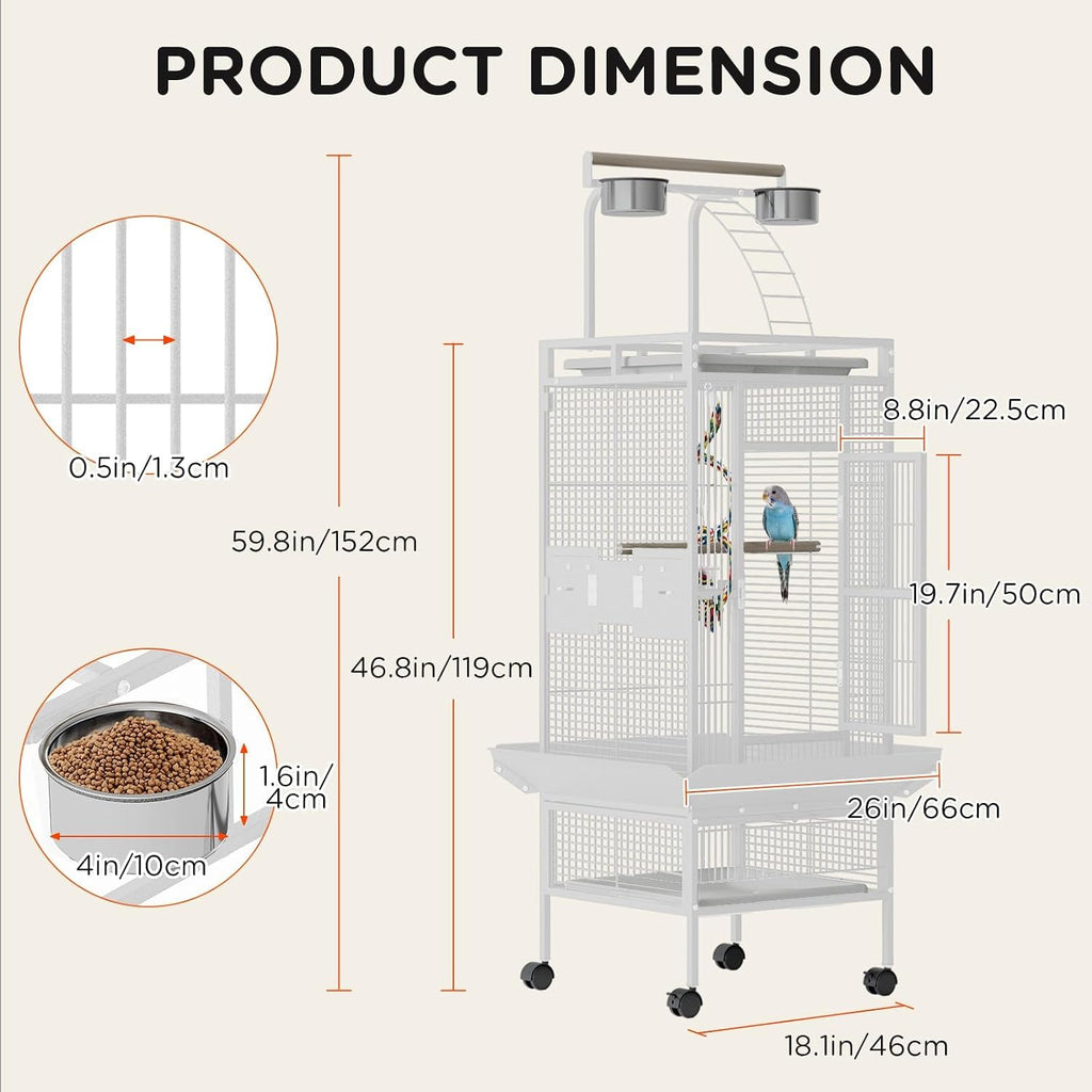 60 Inch Wrought Iron Bird Cage - Spacious Parrot Cage with Rolling Stand, Play Top & 4 Stainless Steel Bowls - for