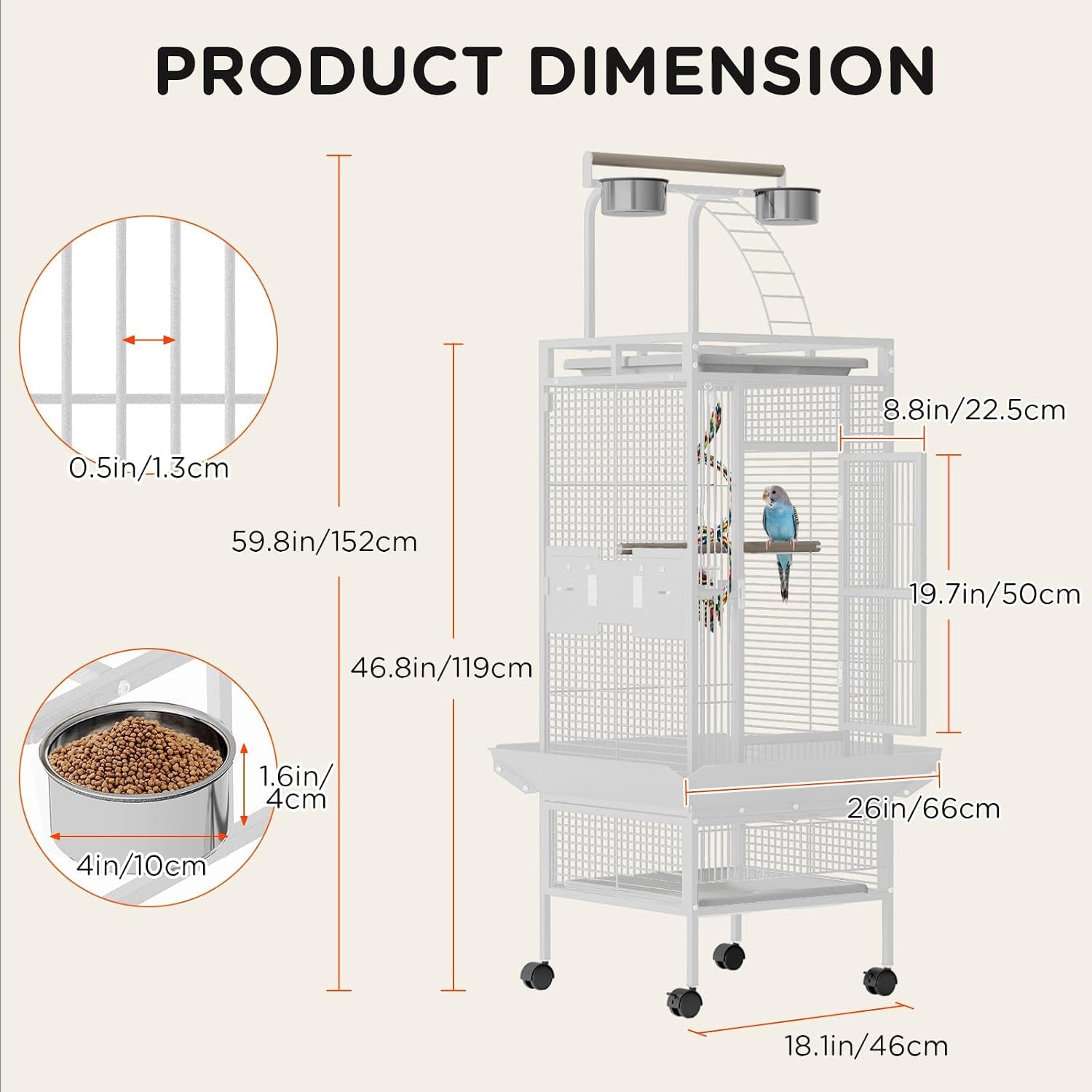 60 Inch Wrought Iron Bird Cage - Spacious Parrot Cage with Rolling Stand, Play Top & 4 Stainless Steel Bowls - for