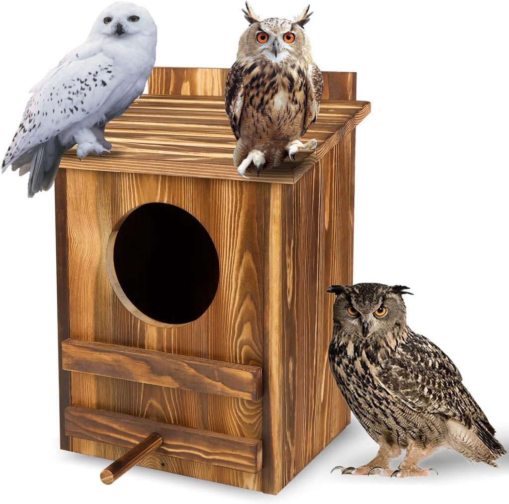 Owl Houses for Outdoors， 16.1x11.8x9.5 inch Large Carbonized Barred Owl Nesting Box, Waterproof & Ventilated Design