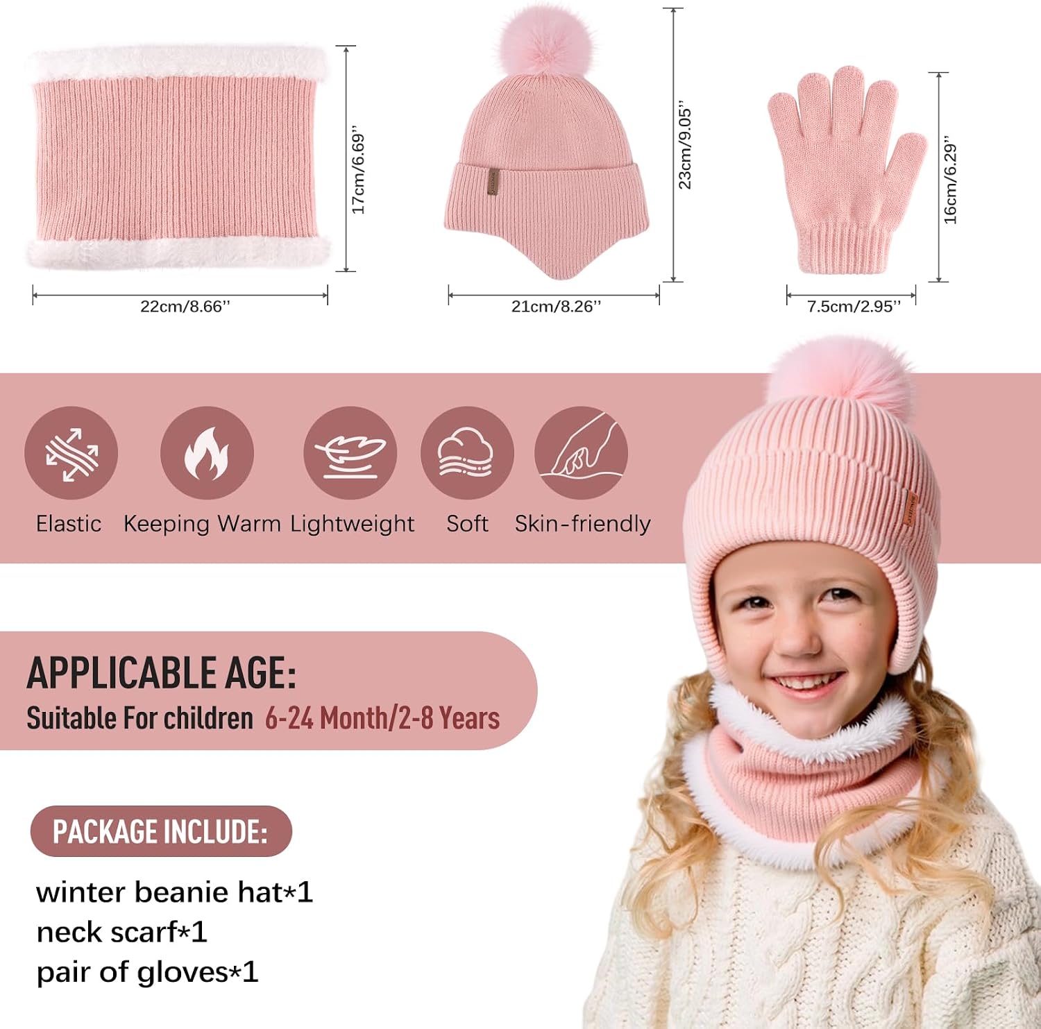 Toddler Girls Winter Hat Gloves Scarf Set Warm Fleece Lined Knit