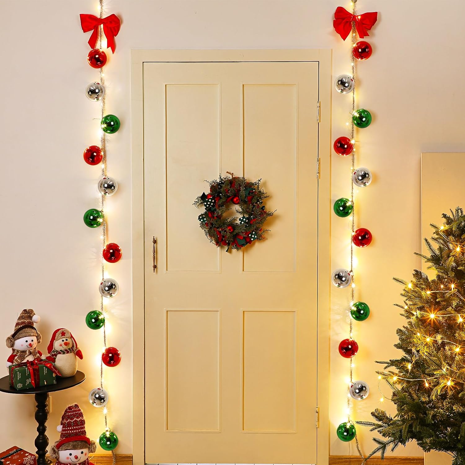 2 Set Christmas Porch Decorations Christmas Front Door Ball Garlands with Red Bow Xmas Ornaments for Front Door Xmas