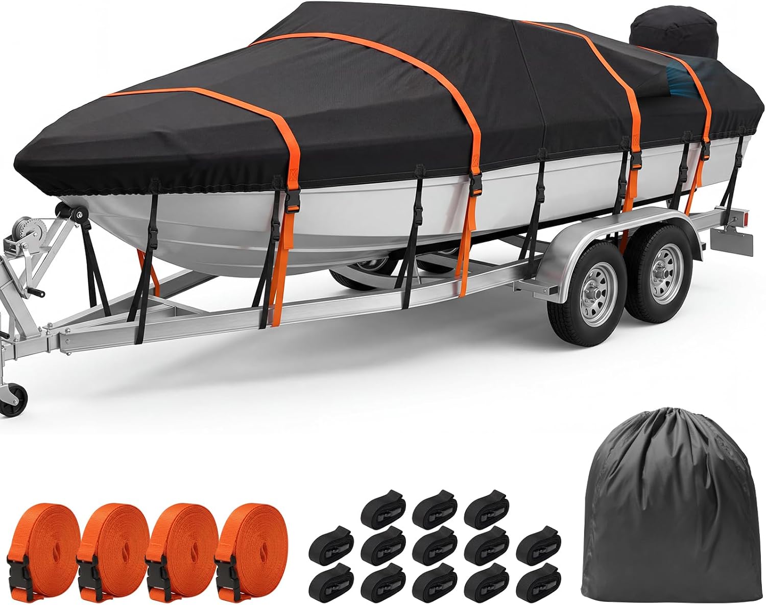 Boat Cover 16-18.5ft, Heavy Duty 1200D Marine-Grade Waterproof | 13 + Extra 4 Extended Straps, Trailerable