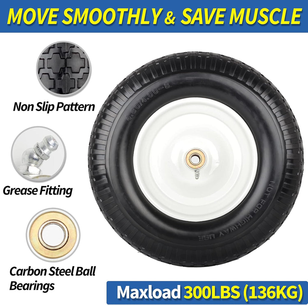 16" Solid Wheelbarrow Tire, 4.80/4.00-8" Flat-Free Tire and Wheel, 6" Centered Hub, 5/8" Axle Bore Hole for Wheel